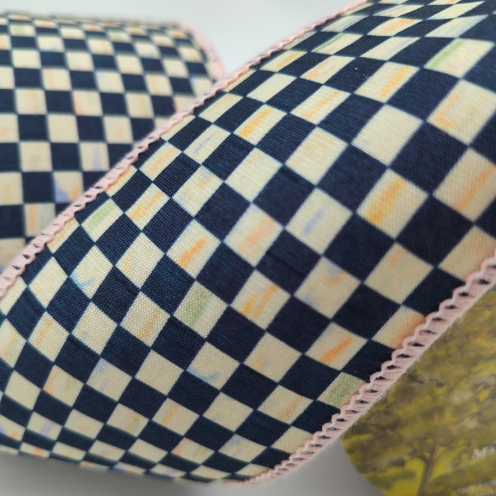 MACKENZIE-CHILDS Courtly Check 2.5" Wired Ribbon Two (2) Yards Pink Edge - Picture 2 of 4
